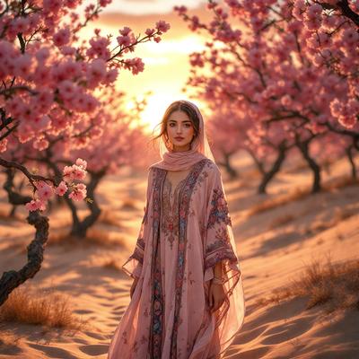 The primary subject of the image is a woman wearing a flowing pink dress, standing in a field of pink flowers. The setting is a beautiful, sunny day with a warm atmosphere. The visual style of the image is a photo, capturing the woman's beauty and the vibrant colors of the flowers and dress. The colors and mood of the image are predominantly pink, creating a sense of serenity and happiness.